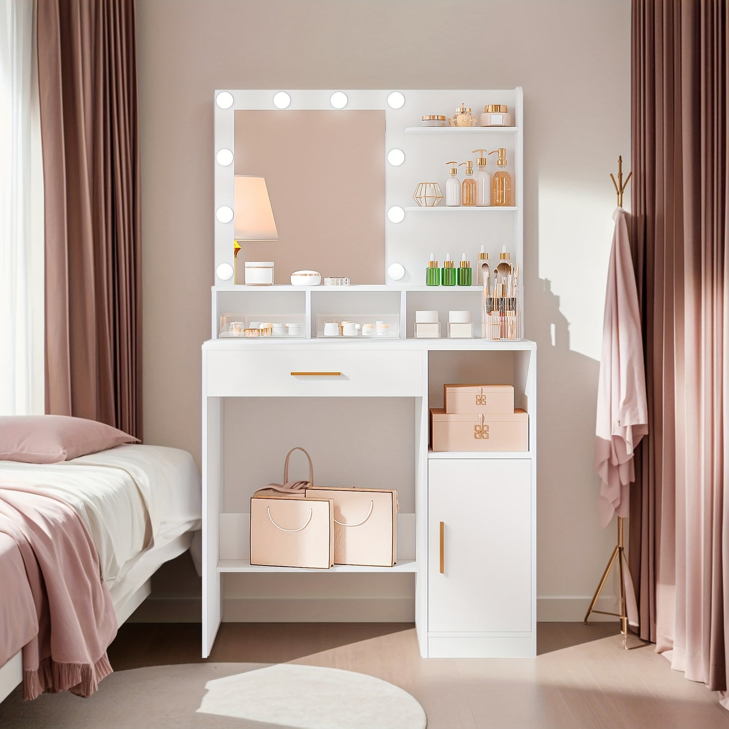 Dressing Table With Mirror, Dressing Table With LED Mirror, Dressing Makeup Table With 3 Shelves And 4 Open Compartments, With Large Drawer And Wardrobe
