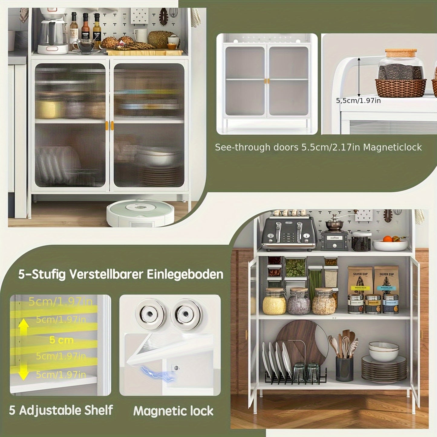 Keukenkast – Keukenbuffet – Opbergkast – Staande Kast – Buffetkast – Vijf Lagen Met Verstelbare Planken – 76x36x160 cm Wit