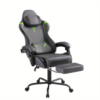 Ergonomische Gamestoel – Bureaustoel – Computerstoel – Gaming Chair – Werkstoel – Verstelbare Hoogte – Massagefunctie – Voetsteun – 360° Draaibaar – Max. 135 kg – Grijze PU Bekleding