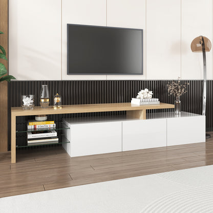 Tv Meubel – TV Kast – TV Meubelkast – Mediameubel – TV Dressoir – Hoogglans Wit – Bamboe Met Glazen Planken – Minimalistisch Ruimtebesparend Design