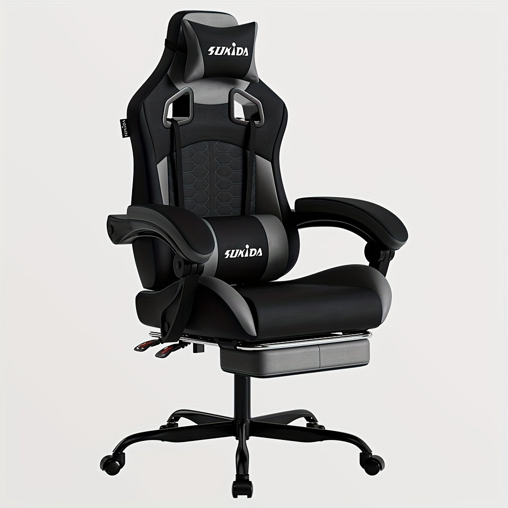 Gamingstoel – Gamestoel – Gaming Chair – Game Stoel – Esports Chair – Ergonomisch Ontwerp – Inklapbare Voetensteun – Verstelbare Rugleuning – PU-Leer – Geschikt Voor Harde Vloeren – Max 150 kg – Diepgrijs