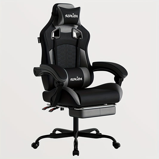 Gamingstoel – Gamestoel – Gaming Chair – Game Stoel – Esports Chair – Ergonomisch Ontwerp – Inklapbare Voetensteun – Verstelbare Rugleuning – PU-Leer – Geschikt Voor Harde Vloeren – Max 150 kg – Diepgrijs