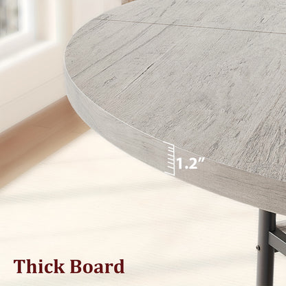 Eettafel Rond – Ronde Keukentafel – Eetkamertafel – Ronde Tafel – Eethoek – 4 Persoons – 3 Opbergplanken – 4,06 cm Dik Houten Blad Met Metalen Poten – Compact Modern Grijs Design