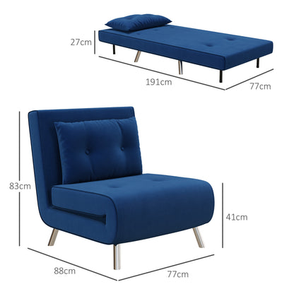 Armchair, Folding Chair with Bed Function, Single Sofa with Cushion, Guest Bed, Upholstered Sofa with Velvet Look, for Living Room, Bedroom, Blue, 77 X 88 X 83 Cm