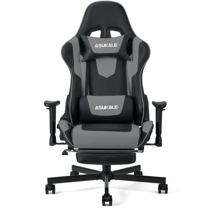 Gamingstoel – Gamestoel – Gaming Chair – Bureaustoel – Game Stoel – Ergonomisch Met Voetensteun – Verstelbare Hoogte En Lendensteun – PU Kunstleer Met 5-Wiel Onderstel – Grijs