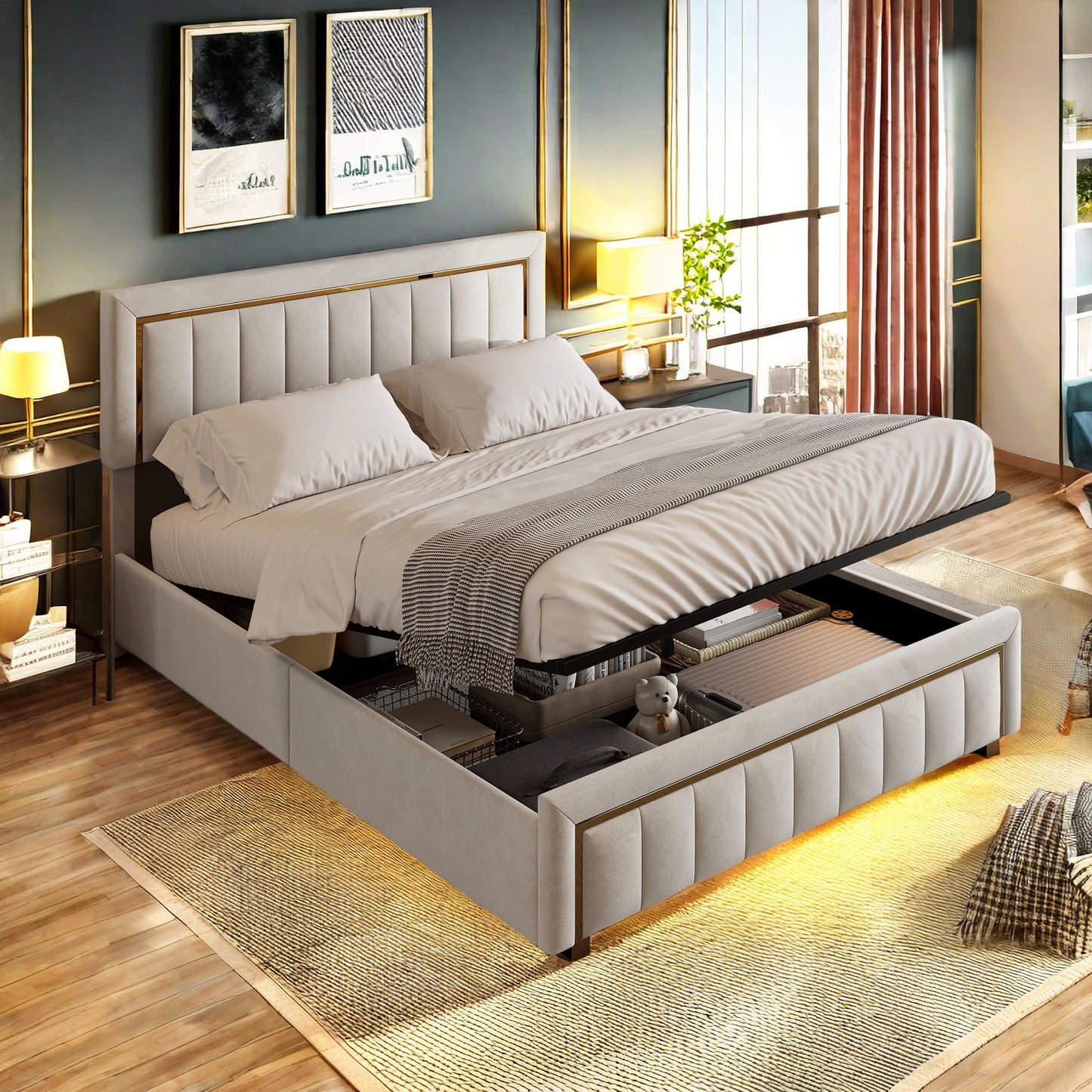 Tweepersoonsbed – Bed – Opbergbed – Slaapbank – Logeerbed – Velvet Bekleding – Hydraulisch Hefmechanisme – 160x200 cm – Met Opbergruimte – Gouden Accenten