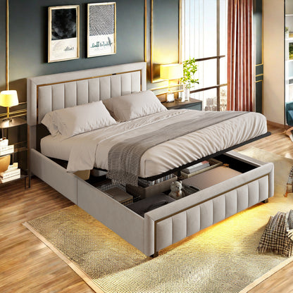 Tweepersoonsbed – Bed – Opbergbed – Slaapbank – Logeerbed – Velvet Bekleding – Hydraulisch Hefmechanisme – 160x200 cm – Met Opbergruimte – Gouden Accenten