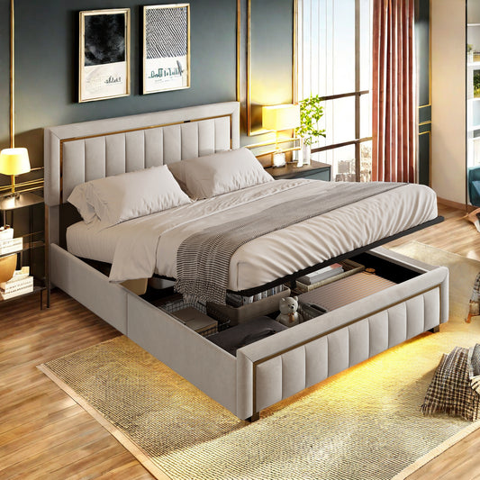 Tweepersoonsbed – Bed – Opbergbed – Slaapbank – Logeerbed – Velvet Bekleding – Hydraulisch Hefmechanisme – 160x200 cm – Met Opbergruimte – Gouden Accenten