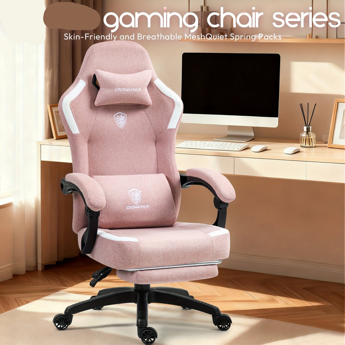 Gamingstoel – Bureaustoel – Computerstoel – Gamerstoel – Office Chair – Ergonomisch Met Hoofd- En Lendensteun – Verstelbare Hoogte En Rugleuning – Roze