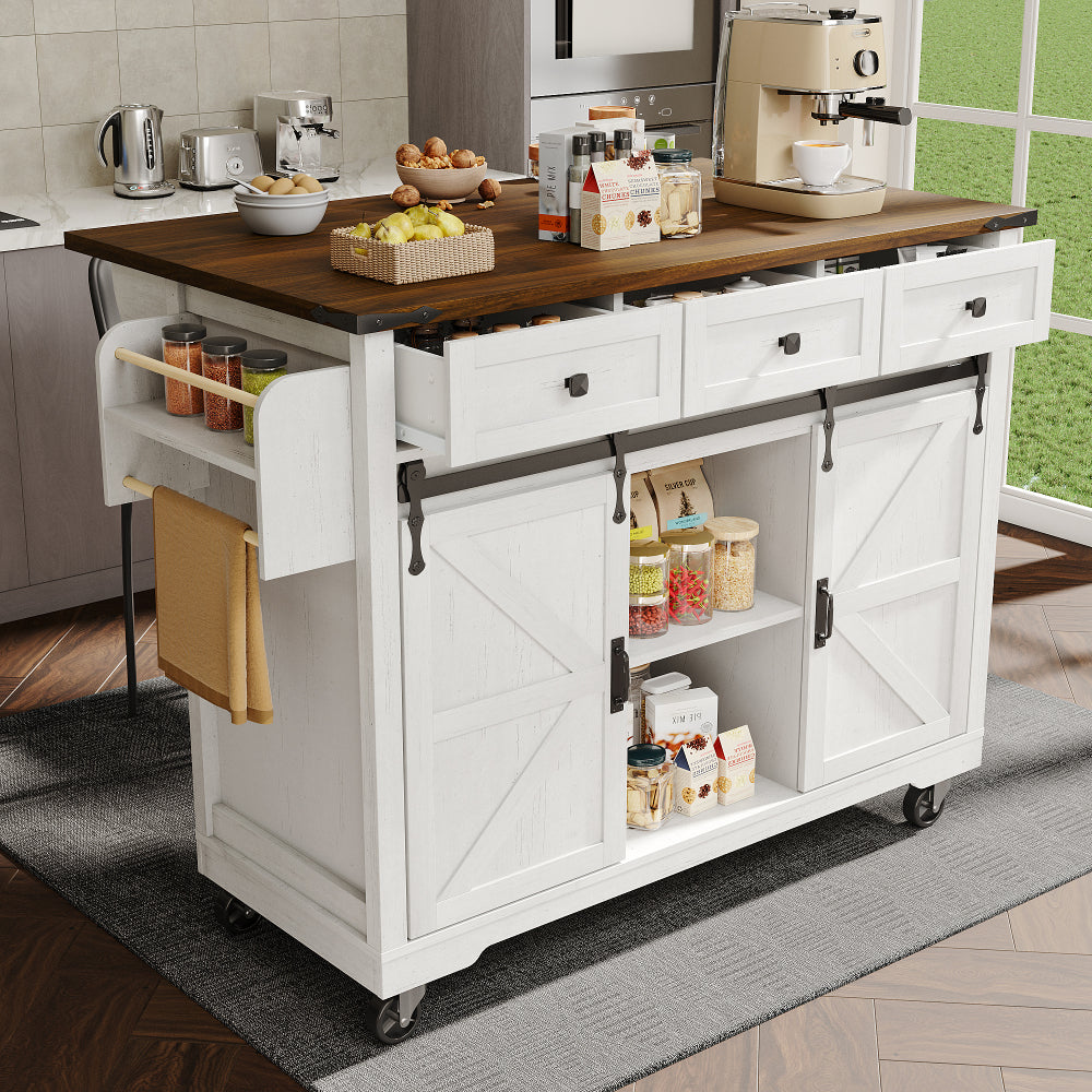 Heavy-Duty Metal Kitchen Island & Dining Cart with Pull-Out Worktop, 2 Sliding Doors & 3 Drawers - Mobile Rolling Cabinet with Woodgrain Finish, & Modern Design, Space-Saving Storage for Small Kitchens, Easy Assembly, No Elec