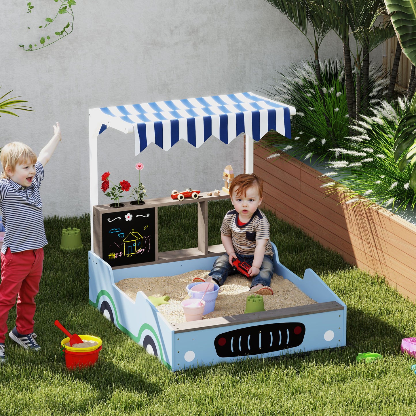 Zandbak – Zandbak Met Zonnedak – Speelbak – Zandtafel – Kinderspeeltuin – Blauw – Duurzaam Vurenhout – Inclusief Bankje En Tekenbord