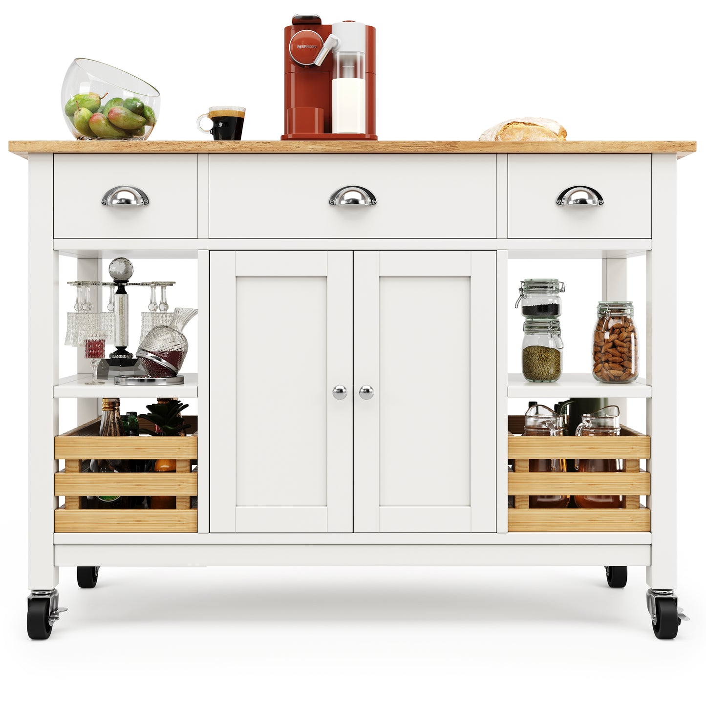 Keukeneiland – Keukenkast – Buffetkast – Serveerwagen – Kookeiland – Uitklapbaar Werkblad – MDF Met Dennenhouten Mand – 120x45x90 cm – Wit