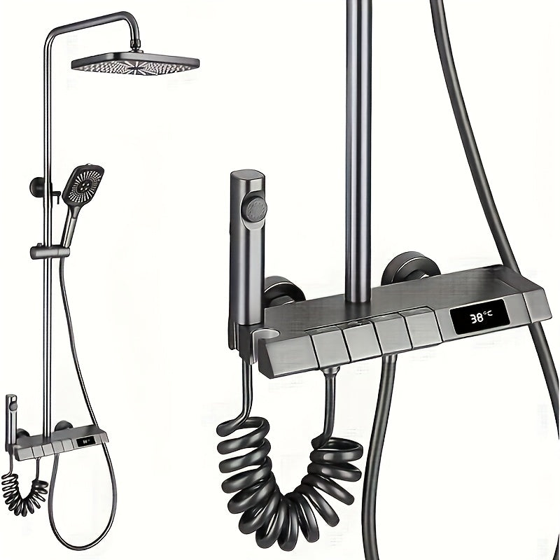 Doucheset – Regendouche – Handdouche – Douchekraan – Douchegarnituur – Thermostatisch – Waterdruk 4 standen – Digitale Temperatuurweergave – Roestvrijstalen Gun Gray – Wandmontage