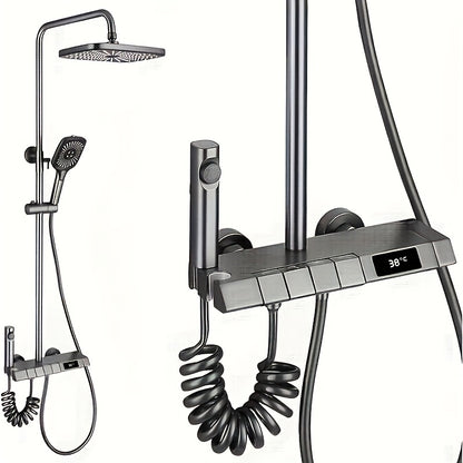 Doucheset – Regendouche – Handdouche – Douchekraan – Douchegarnituur – Thermostatisch – Waterdruk 4 standen – Digitale Temperatuurweergave – Roestvrijstalen Gun Gray – Wandmontage