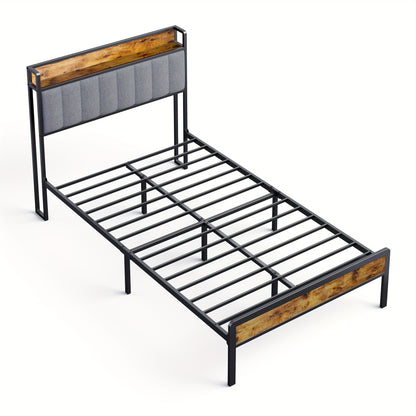Bedframe – Bedbank – Eenpersoonsbed – Opbergbed – Gestoffeerd Bed – Lichtgrijs – Met Metalen Frame – Houten Lattenbodem – 120x200 cm – Comfortabel Hoofdeinde