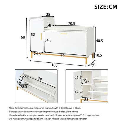 Schoenenkast – Schoenenopberger – Schoenentoren – Schoenmeubel – Schoenenrek – Modern Wit Met Gouden Accenten – Ruimtebesparend 100x38x68 cm – Met Zitting En Verborgen Uittrekbare Schoenlade