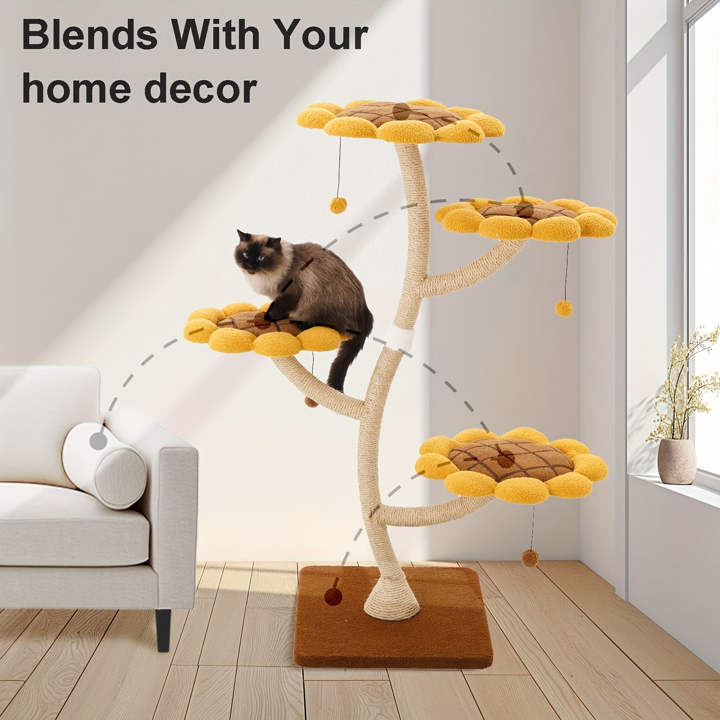 141.99cm Tall Sunflower Cat Tower for Large Cats - Sturdy Alloy Multi-Level Cat Tree with 4 Plush Flower Perches, Sisal Scratching Posts & Hanging - Modern Indoor Activity Center for Play & Relaxation, Cute Cat Tree, Feline A