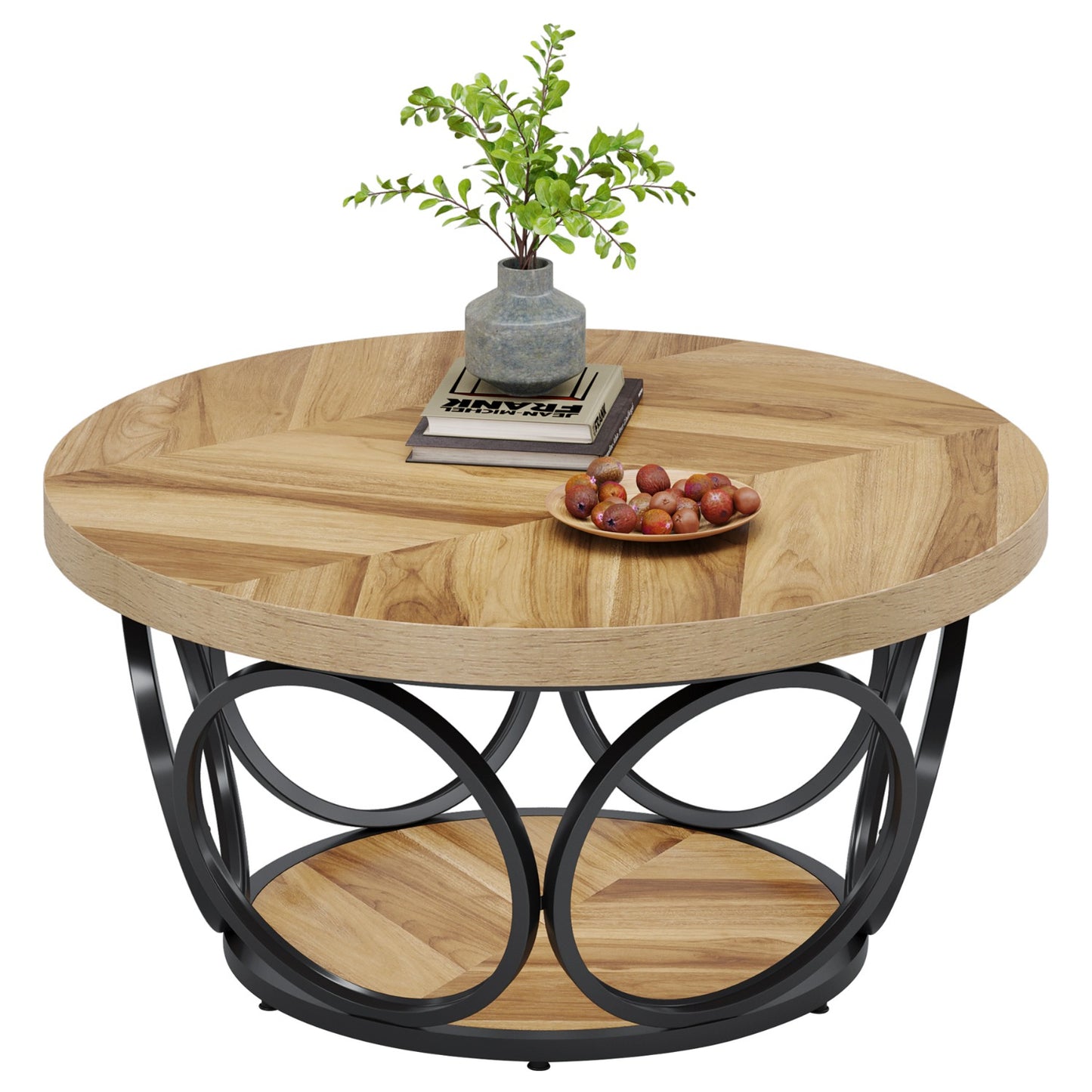Ronde Salontafel – Ronde Tafel – Houten Tafel – Woonkamertafel – Farmhouse Tafel – 80 cm Diameter – 2-Tier Opbergruimte – E1 MDF Metalen Frame