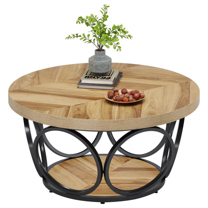 Ronde Salontafel – Ronde Tafel – Houten Tafel – Woonkamertafel – Farmhouse Tafel – 80 cm Diameter – 2-Tier Opbergruimte – E1 MDF Metalen Frame
