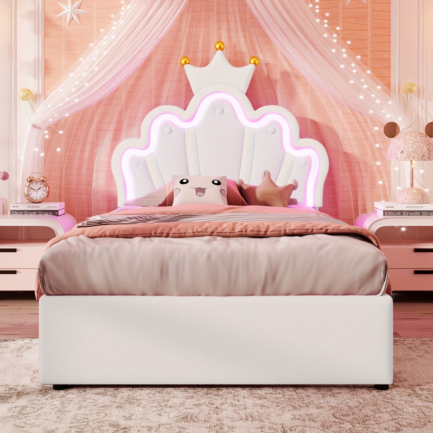Upholstered Bed, 90 X 200 Cm, Without Mattress Crowned Princess Bed, Adjustable Headboard, White