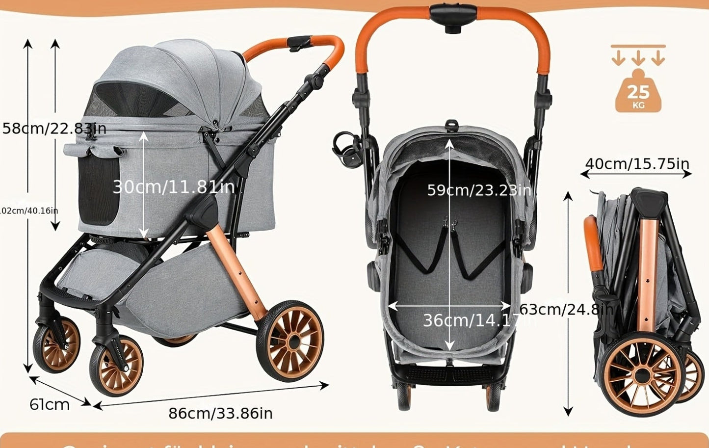 Hondenbuggy – Dierenwagen – Huisdierenwagen – Kattenbuggy – Opvouwbare Buggy – Zwart – Inklapbaar Met Eén-Klik – Verstelbaar Handvat – Voor Huisdieren Tot 25 Kg