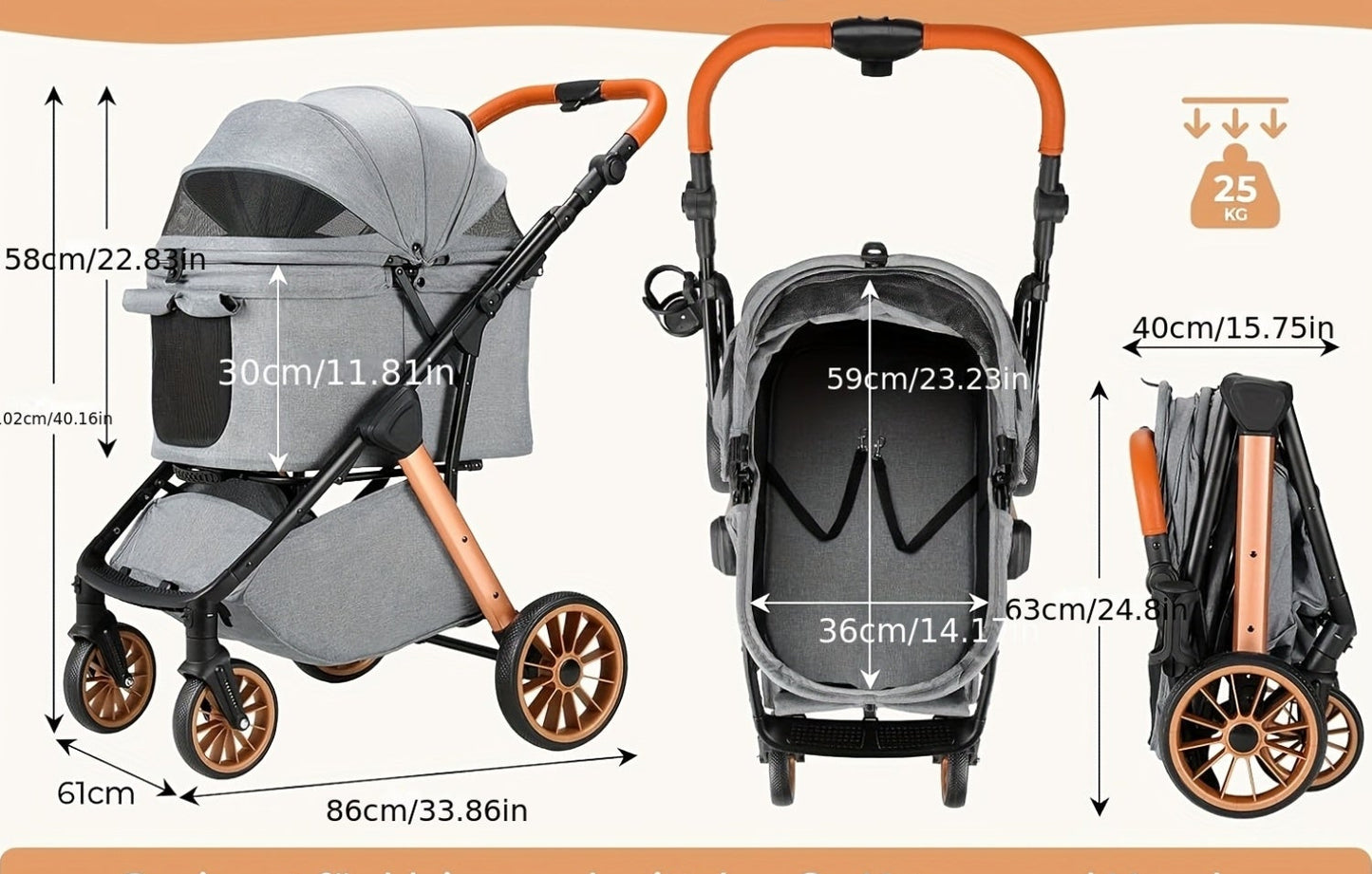 Hondenbuggy – Huisdierenwagen – Kattenbuggy – Wandelwagen – Pet Stroller – Inklapbaar One-Touch – Verstelbare Handgreep – Tot 25 kg – 4x 360° Rubber Wielen