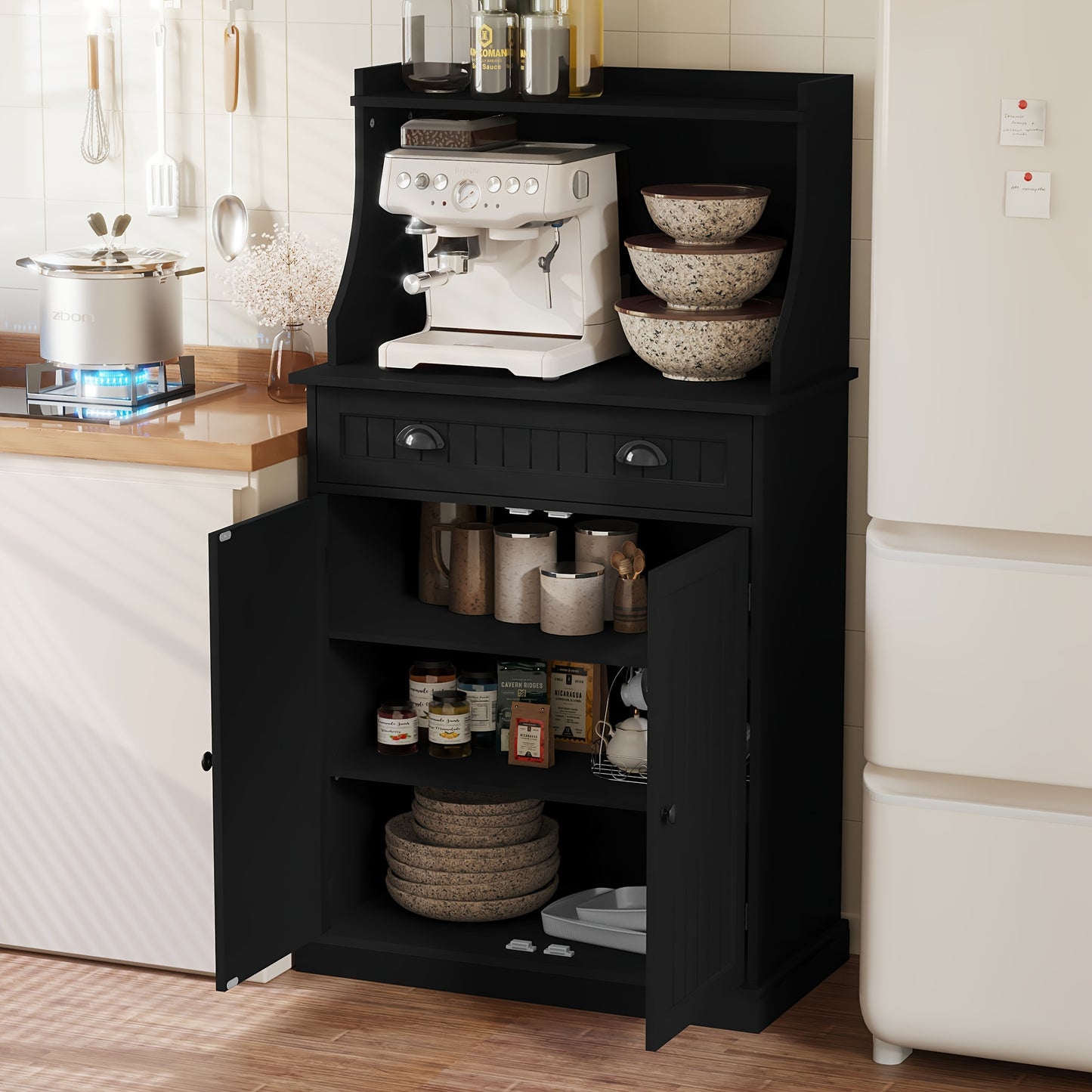 Opbergkast – Kast – Stellingkast – Opbergrek – Opbergmeubel – Dubbele Deuren – Verstelbare Planken – Zwart – Vintage Design – Hout & Vezelplaat – 3,2+ Kubieke Voet