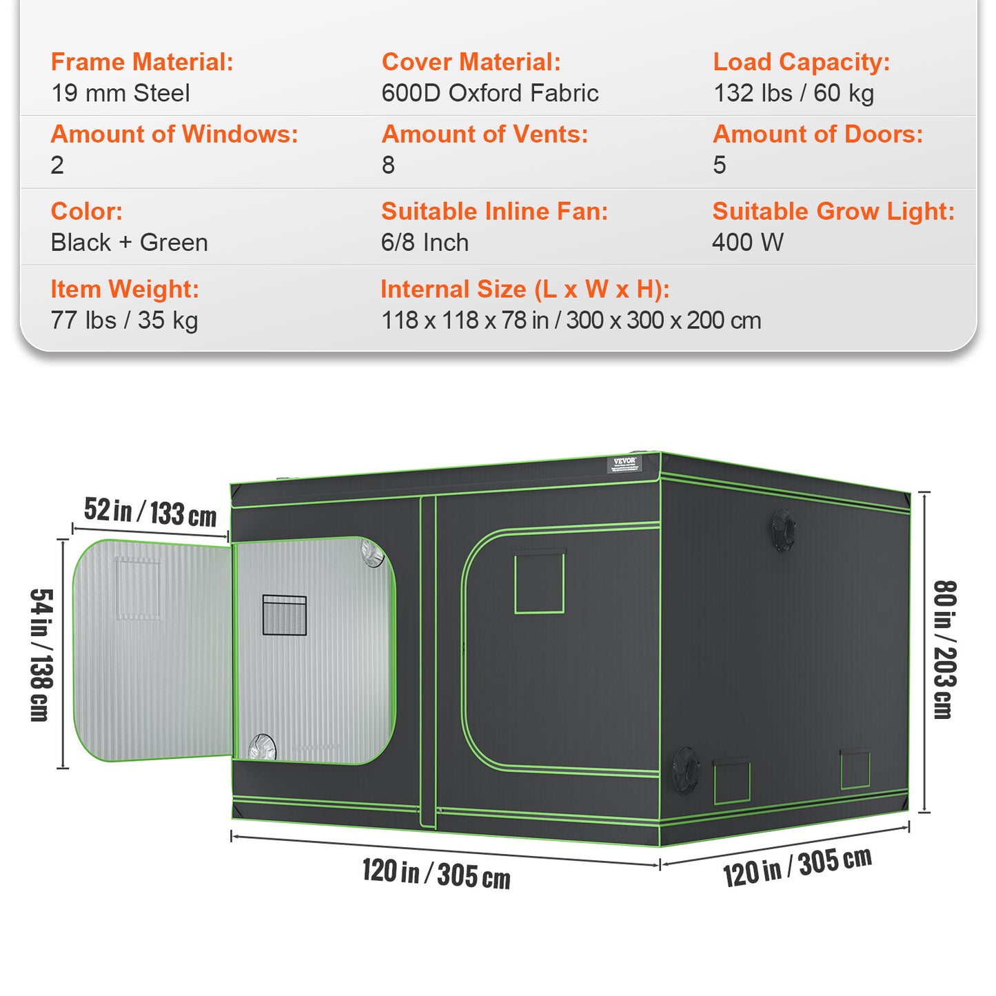 Kweektent – Groeizak – Plantentent – Binnenkweek Tent – Hydroponische Tent – 120x120x80 inch – 600D Mylar Reflecterend Materiaal – Inclusief Observatievenster en Waterdichte Bodemtray