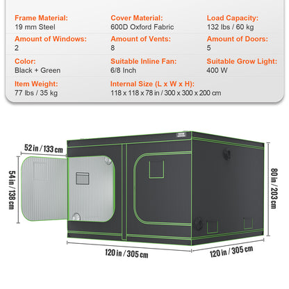 Kweektent – Groeizak – Plantentent – Binnenkweek Tent – Hydroponische Tent – 120x120x80 inch – 600D Mylar Reflecterend Materiaal – Inclusief Observatievenster en Waterdichte Bodemtray