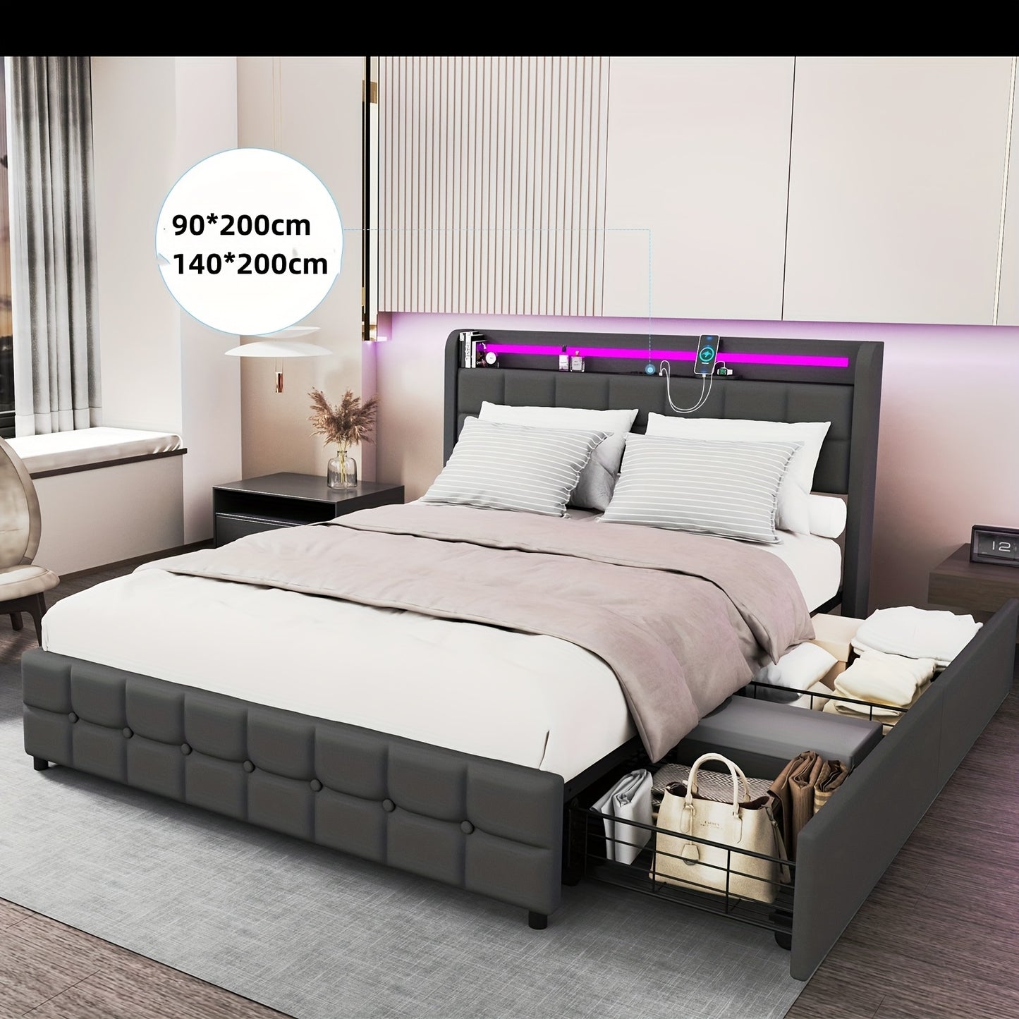 Modern Gestoffeerd Tweepersoonsbed 140x200 cm – 2 Lade-opslag & RGB-Free LED Hoofdeinde – Grijs, Eenvoudige Montage (Exclusief Matras)
