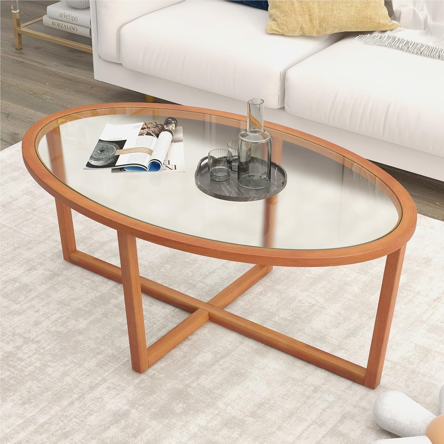 Salontafel – Woonkamertafel – Theetafel – Bijzettafel – Glazen tafel – Ovaal – Gehard glas – Massief acaciahouten poten – 118 x 71,5 x 47,5 cm