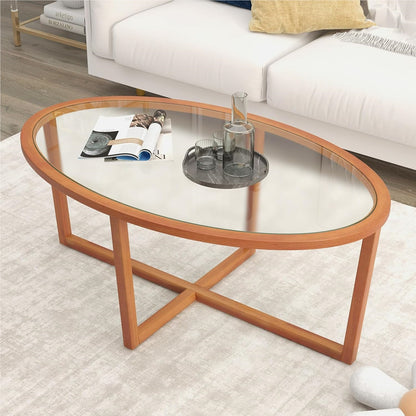 Salontafel – Woonkamertafel – Theetafel – Bijzettafel – Glazen tafel – Ovaal – Gehard glas – Massief acaciahouten poten – 118 x 71,5 x 47,5 cm