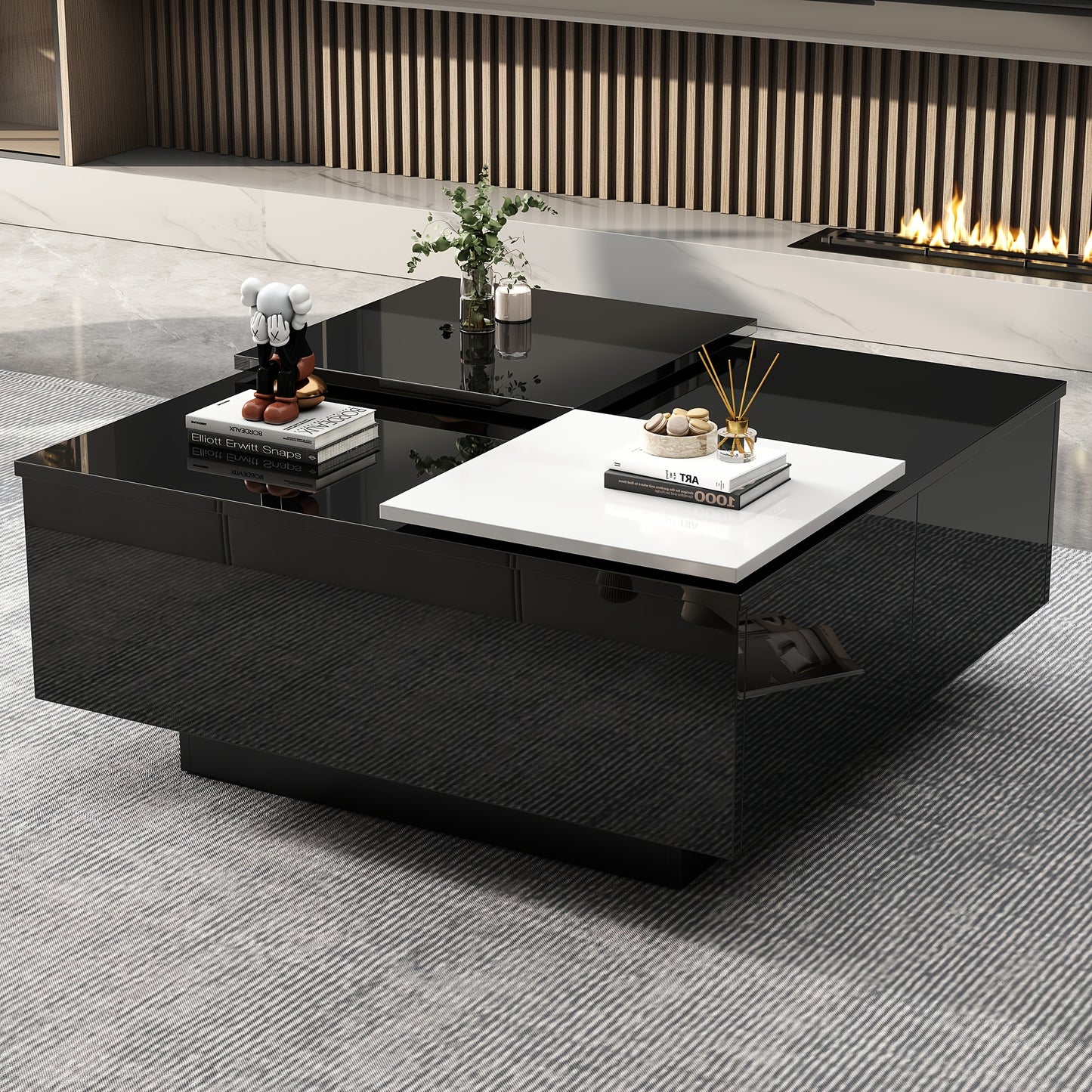 Salontafel – Koffietafel – Tafel – Bijzettafel – Opbergtafel – Zwart Hoogglans Met Wit Uitschuifbaar Blad – Duurzaam Hardhout – Compact Ontwerp Voor Kleine Ruimtes