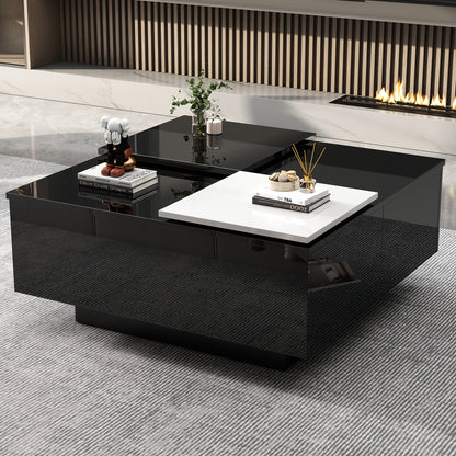 Salontafel – Koffietafel – Tafel – Bijzettafel – Opbergtafel – Zwart Hoogglans Met Wit Uitschuifbaar Blad – Duurzaam Hardhout – Compact Ontwerp Voor Kleine Ruimtes