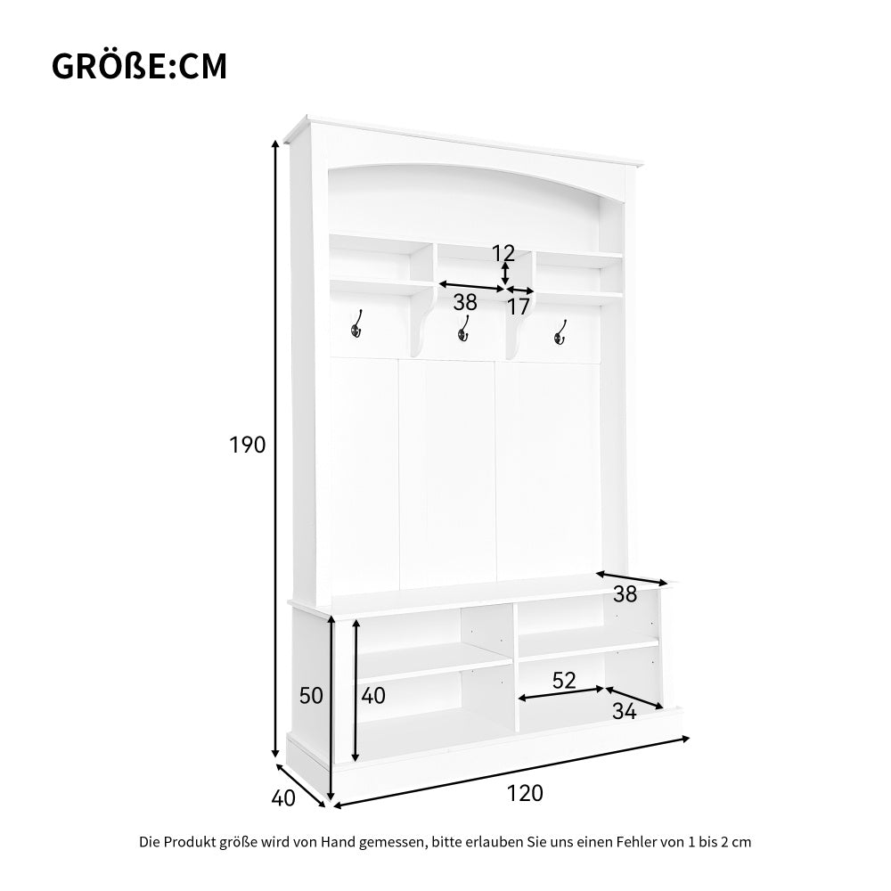 Halbankje – Halmeubel – Schoenenbank – Opbergbankje – Gangbank – Multifunctionele Opbergruimte – 3 Haakjes – Wit – H190 x B120 x D40 cm