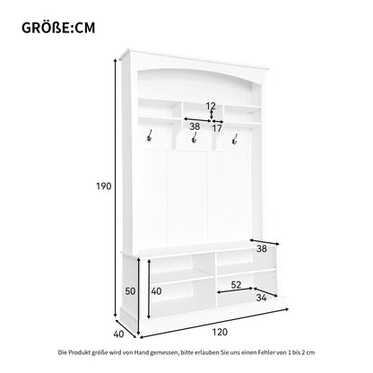 Halbankje – Halmeubel – Schoenenbank – Opbergbankje – Gangbank – Multifunctionele Opbergruimte – 3 Haakjes – Wit – H190 x B120 x D40 cm