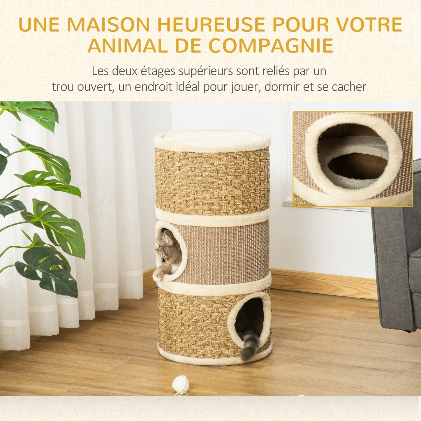 Krabton Kat – Krabpaal Kattenboom – Kattenmeubel Krabpaal – Kattenhuis Klimeiland – Kraboppervlak Sisal – Twee Verdiepingen – Zacht Pluche – Compact 70x37,5x37,5 cm – Khaki Bruin