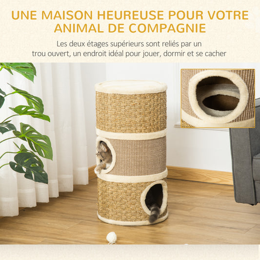 Krabton Kat – Krabpaal Kattenboom – Kattenmeubel Krabpaal – Kattenhuis Klimeiland – Kraboppervlak Sisal – Twee Verdiepingen – Zacht Pluche – Compact 70x37,5x37,5 cm – Khaki Bruin