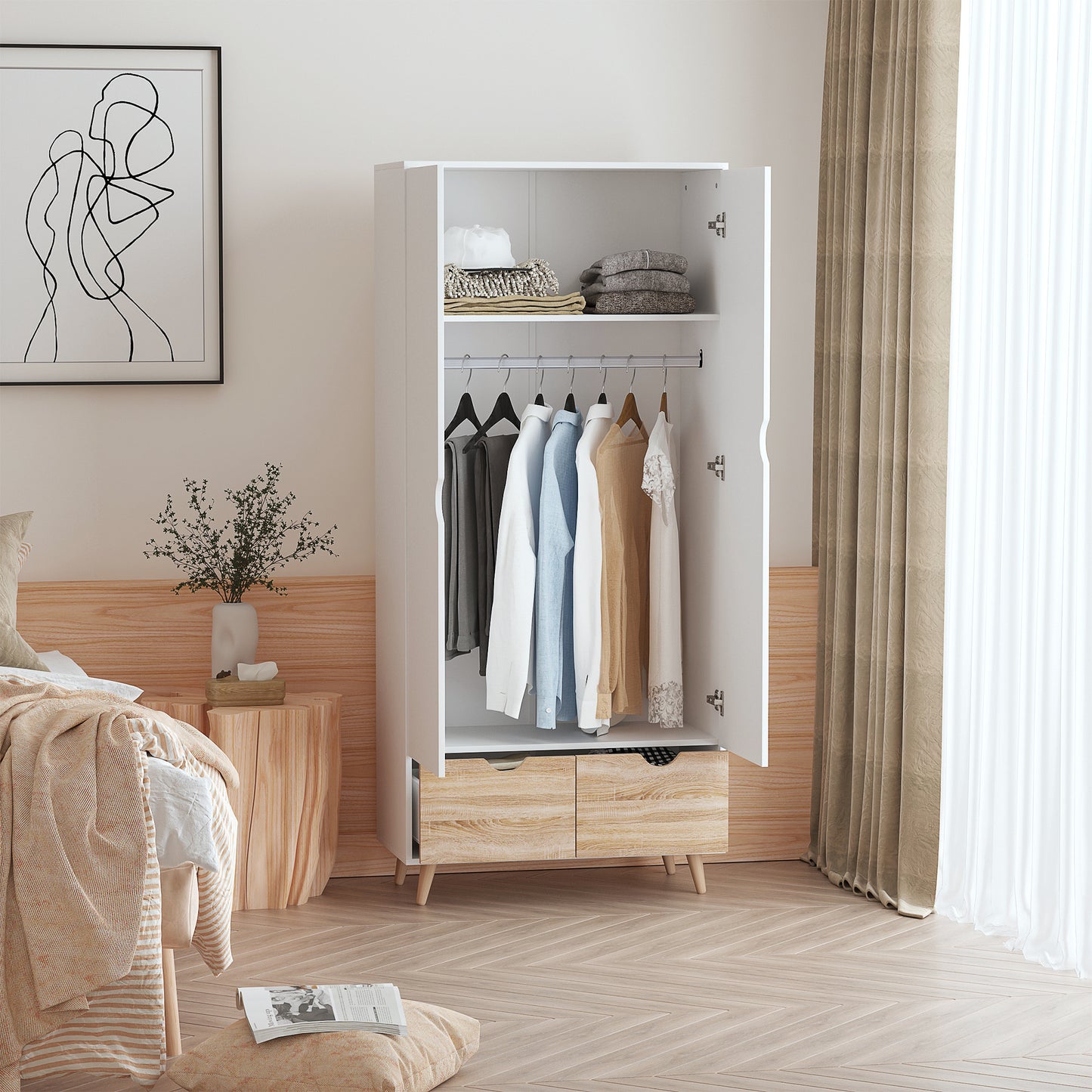Kledingkast – Garderobekast – Opbergkast – Slaapkamerkast – Witte Kast – Scandinavisch Design – 80x40x180 cm – Melamine Coating