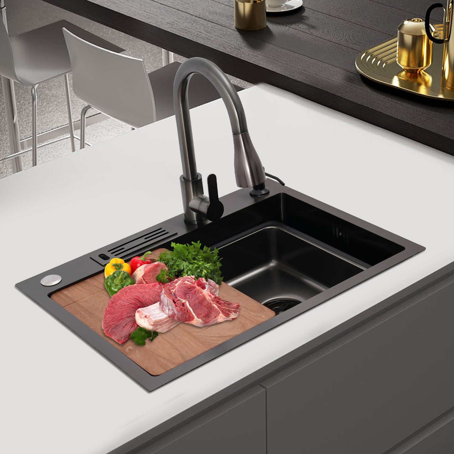 Sink set-60*45-Small waist pumping tap, stainless Steel Golden Rectangular Sink for Kitchens, Restaurants, Cafes, Bars, Hotels