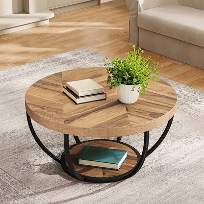 Ronde Salontafel – Koffietafel – Bijzettafel – Tafel – Woonkamertafel – Houtnerf Uitvoering – 2 Ladeplateaus – Ruim Opbergvlak – Metalen Frame – 80,5 cm Diameter – Eenvoudige Montage