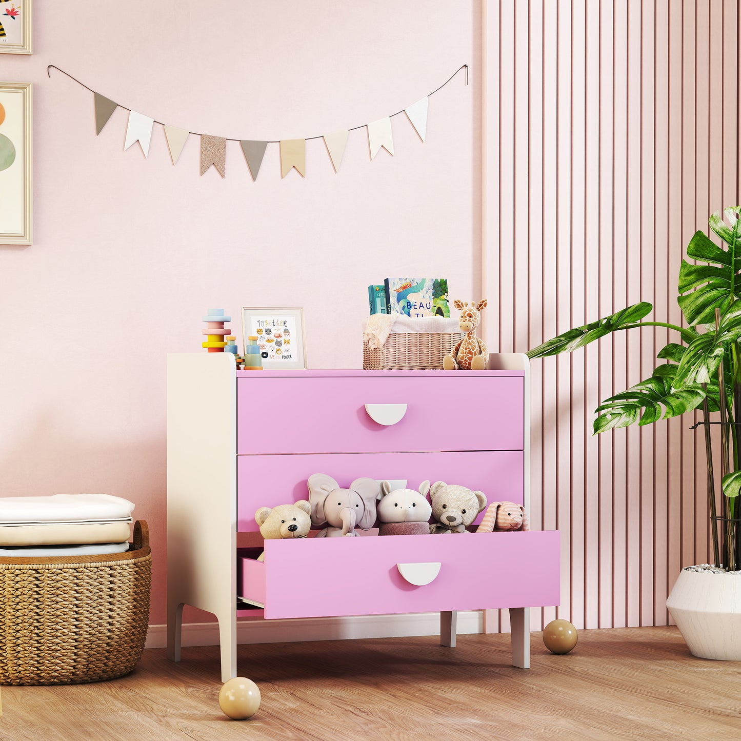 Kinderladekast – Opbergkast Kinderkamer – Ladekast Speelgoed – Kledingkast Kind – Kast Roze Wit – 3 Ruime Lades – Kindvriendelijk Veilig Design