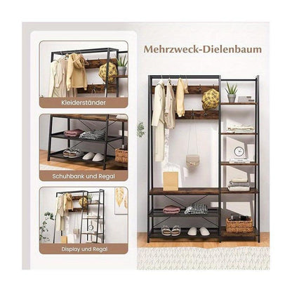 Kapstok – Wandkapstok – Schoenenrek – Halmeubel – Schoenenbank – 5-in-1 Multifunctioneel – Robuust Metaal & Hout – Vintage Bruin & Zwart