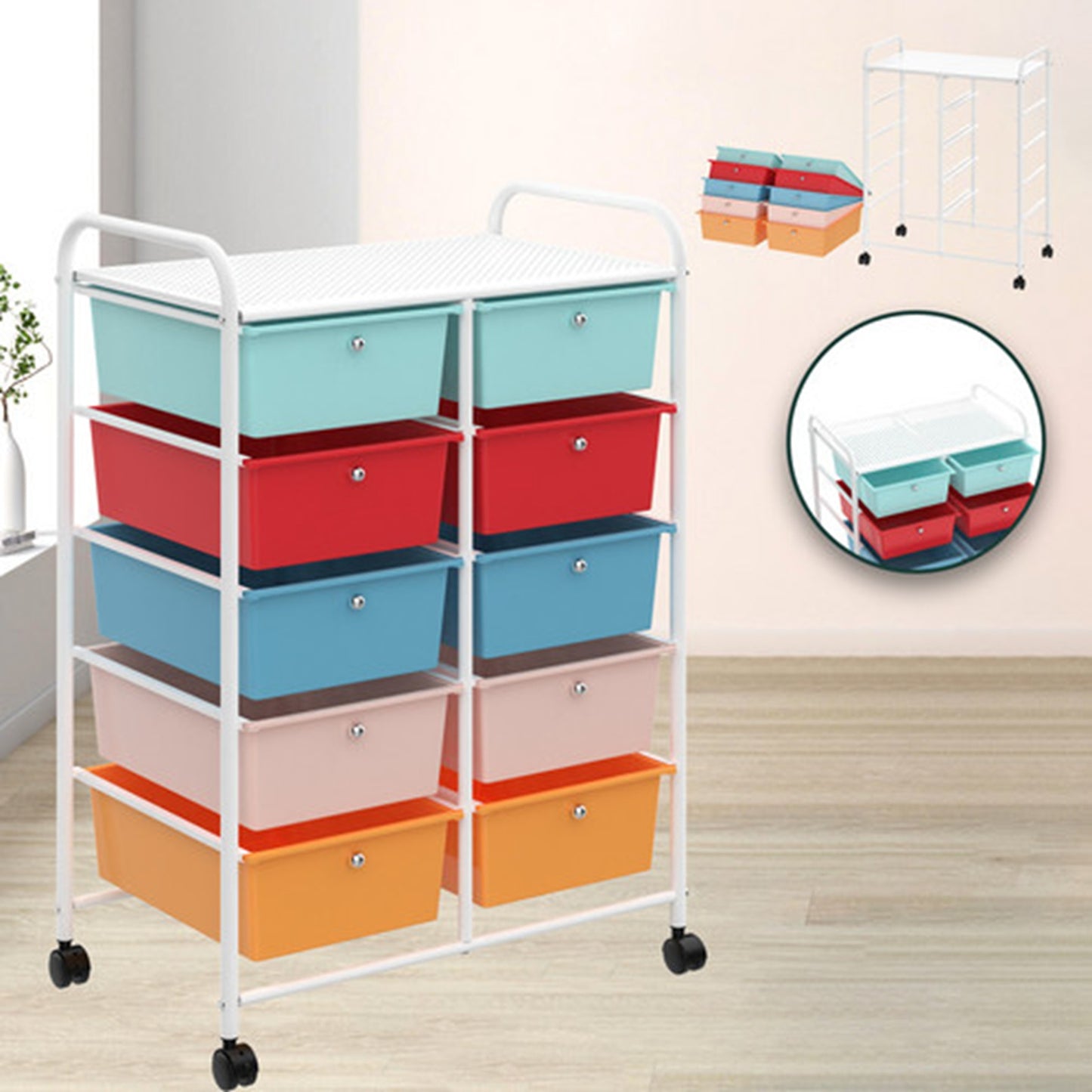 Make-up Trolley – Make-up Koffer – Beautykoffer – Cosmeticakoffer – Opbergtrolley – 10 Lades – Wieltjes – Compact Formaat – Wit Metalen Frame