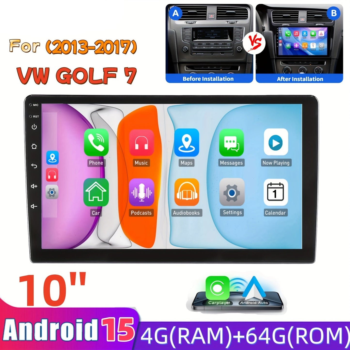 10 Inch Android 15 Autoradio – 2 DIN Head Unit – Multimedia Speler – Navigatiesysteem – Car Stereo – VW Golf 7 (2013-2017) – Groot IPS Touchscreen – Split-Screen Functie