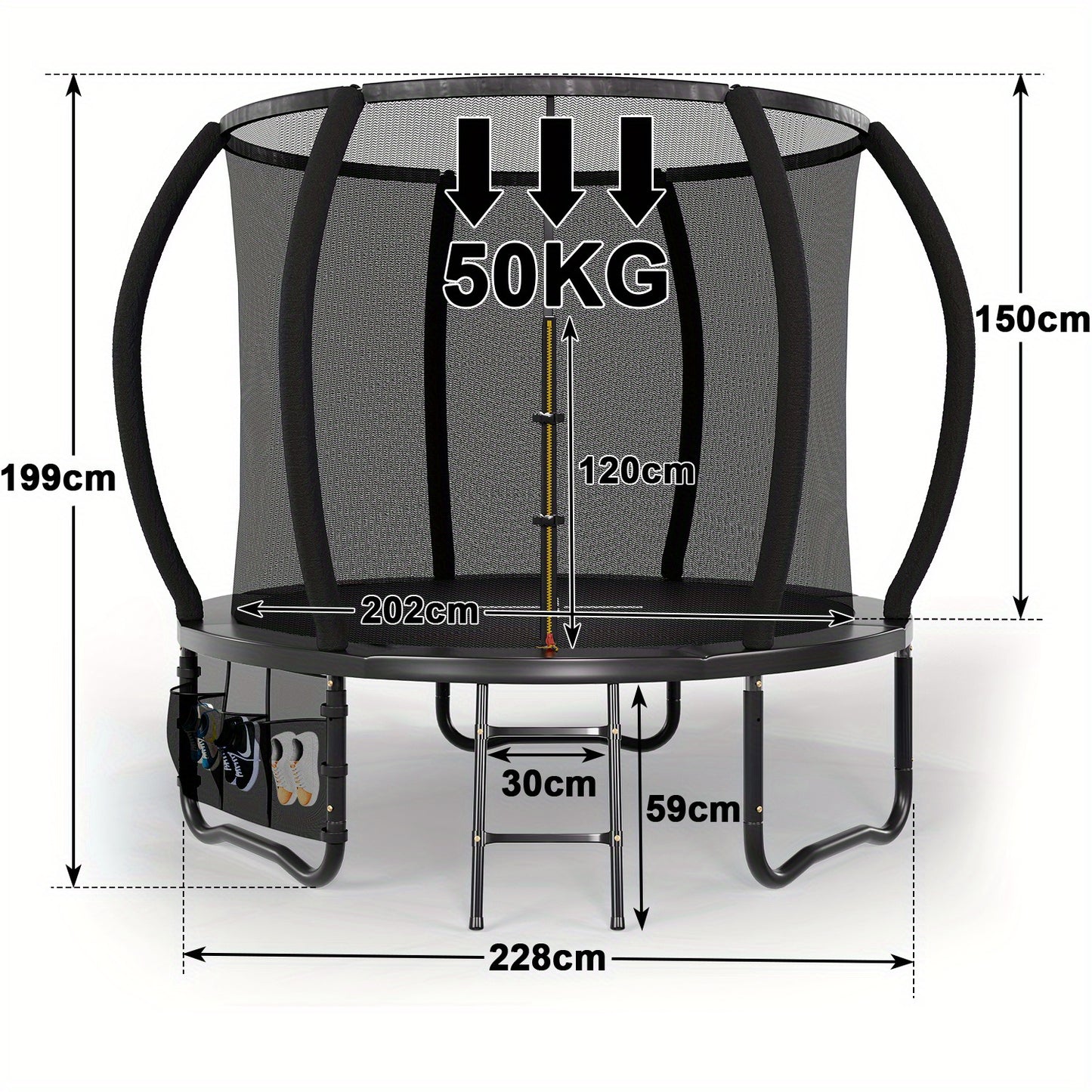 Trampoline – Springkussen – Buitenspeeltoestel – Speeltoestel – Veiligheidsnet Trampoline – Rond 228 cm – Roestvrij Stalen Frame – Inclusief Ladder en Schoenentas