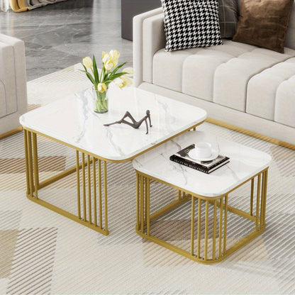 Salontafel Set – Bijzettafel – Tafeltje – Woonkamertafel – Tafel Vierkant – Hoogglans Marmerlook – Gouden Poten – Verstelbare Voetjes – MDF – 70x70x45 & 50x50x36,5 cm