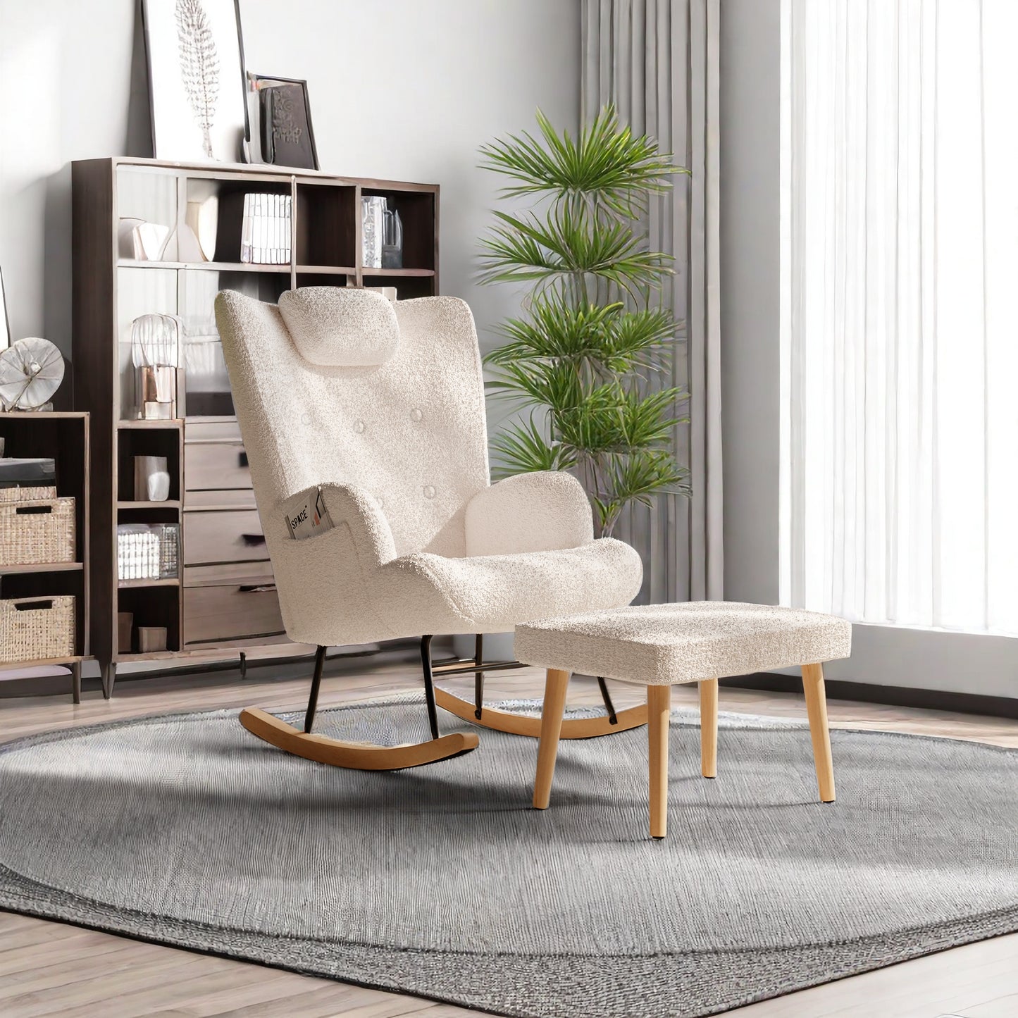 Fauteuil – Schommelstoel – Relaxstoel – Zithoekstoel – Lounge Fauteuil – Met Voetenbank – Memory Foam Zitting – Massief Houten Frame – Wit