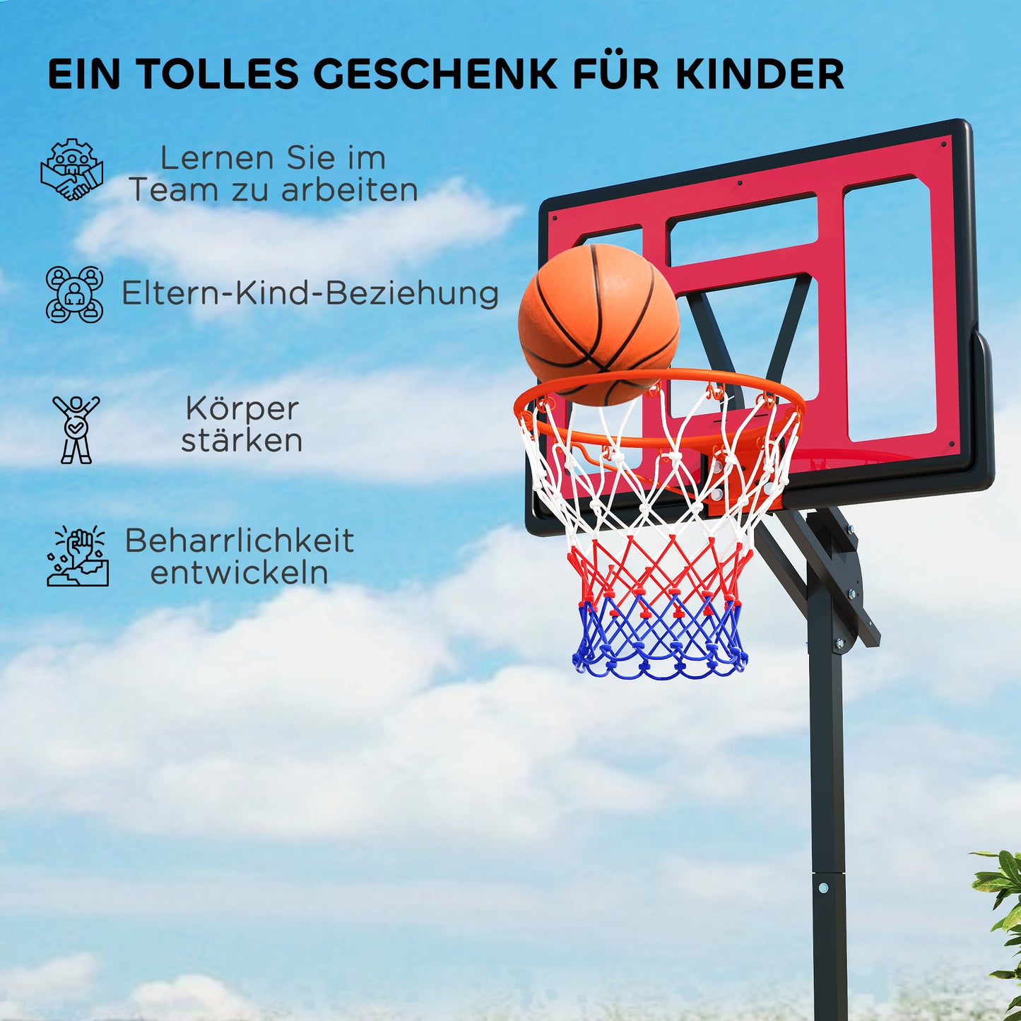 Basketbalring – Basketbalbord – Basketbalnet – Basketbalsysteem – Basketbaldoel – Verstelbaar 200-260 cm – Met Wieltjes – Rood – Voor Buitengebruik