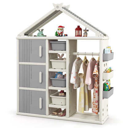 Kinderkast Huisvorm – Speelgoedkast – Boekenplank – Opbergrek – Kledingrek – Grijs – 4 Opbergboxen – Veilig HDPE Materiaal
